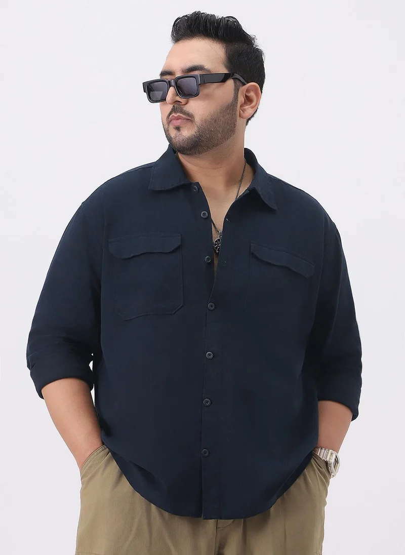 Urbano Fashion Urbano Plus Men's Navy Cotton Full Sleeve Relaxed Fit Shacket with Utility Pockets